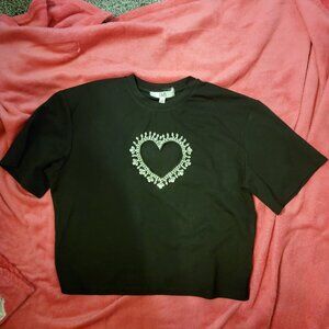 Black Stretch Shirt with Cutout Rhinestone Heart - Size Medium